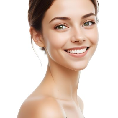 Young Woman With Light Brown Skin Medium Length Brown Hair And Green Eyes Smiling Gently The Background Is Plain White Emphasizing Her Facial Features 24 F181
