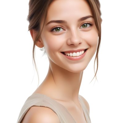 Young Woman With Light Brown Skin Medium Length Brown Hair And Green Eyes Smiling Gently The Background Is Plain White Emphasizing Her Facial Features 26 072e