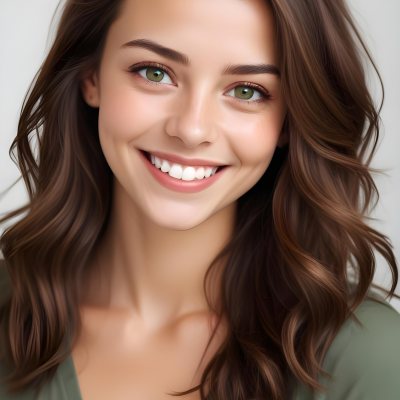 Young Woman With Light Brown Skin Medium Length Brown Hair And Green Eyes Smiling Gently The Background Is Plain White Emphasizing Her Facial Features 27 2279