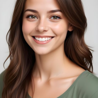 Young Woman With Light Brown Skin Medium Length Brown Hair And Green Eyes Smiling Gently The Background Is Plain White Emphasizing Her Facial Features 29 03c1