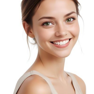 Young Woman With Light Brown Skin Medium Length Brown Hair And Green Eyes Smiling Gently The Background Is Plain White Emphasizing Her Facial Features 30 27d1
