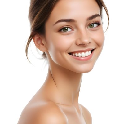 Young Woman With Light Brown Skin Medium Length Brown Hair And Green Eyes Smiling Gently The Background Is Plain White Emphasizing Her Facial Features 31 9462