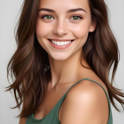 Young Woman With Light Brown Skin Medium Length Brown Hair And Green Eyes Smiling Gently The Background Is Plain White Emphasizing Her Facial Features 32 F865