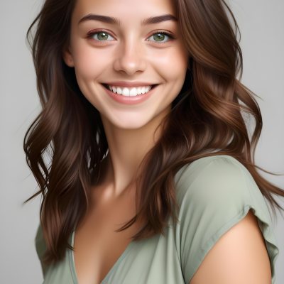 Young Woman With Light Brown Skin Medium Length Brown Hair And Green Eyes Smiling Gently The Background Is Plain White Emphasizing Her Facial Features 34 Cf3e
