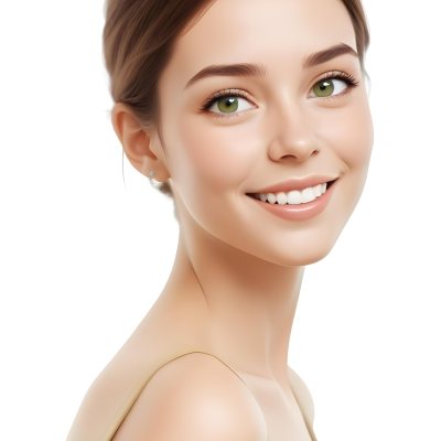 Young Woman With Light Brown Skin Medium Length Brown Hair And Green Eyes Smiling Gently The Background Is Plain White Emphasizing Her Facial Features 4 F0a4