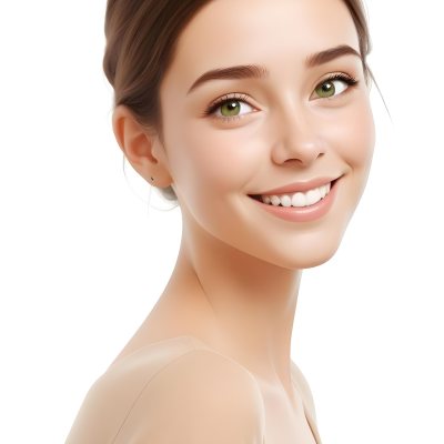 Young Woman With Light Brown Skin Medium Length Brown Hair And Green Eyes Smiling Gently The Background Is Plain White Emphasizing Her Facial Features 42 E1f7