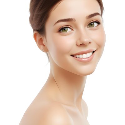Young Woman With Light Brown Skin Medium Length Brown Hair And Green Eyes Smiling Gently The Background Is Plain White Emphasizing Her Facial Features 7 B125