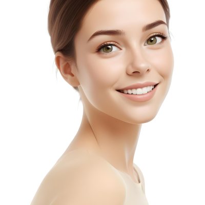 Young Woman With Light Brown Skin Medium Length Brown Hair And Green Eyes Smiling Gently The Background Is Plain White Emphasizing Her Facial Features 8 457c