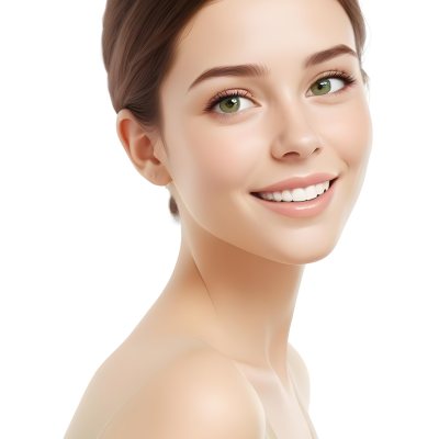 Young Woman With Light Brown Skin Medium Length Brown Hair And Green Eyes Smiling Gently The Background Is Plain White Emphasizing Her Facial Features 9 61aa