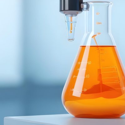 3d Model A Transparent Erlenmeyer Flask Filled With Orange Liquid A Pipette Dripping Into The Flask On A White Pedestal Light Blue Background Figure Octane Render Volumetric Highly Detailed Videogame Aesthetic 12 F930