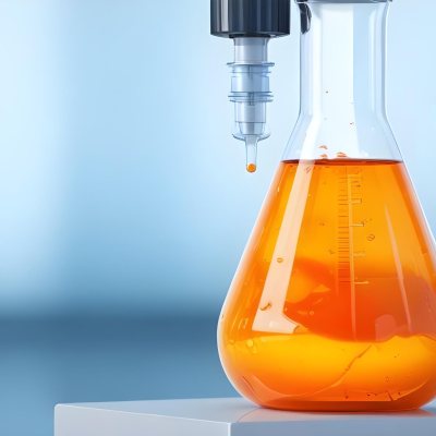 3d Model A Transparent Erlenmeyer Flask Filled With Orange Liquid A Pipette Dripping Into The Flask On A White Pedestal Light Blue Background Figure Octane Render Volumetric Highly Detailed Videogame Aesthetic 21 B174