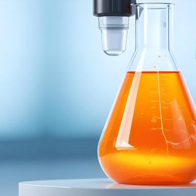3d Model A Transparent Erlenmeyer Flask Filled With Orange Liquid A Pipette Dripping Into The Flask On A White Pedestal Light Blue Background Figure Octane Render Volumetric Highly Detailed Videogame Aesthetic 23 953a