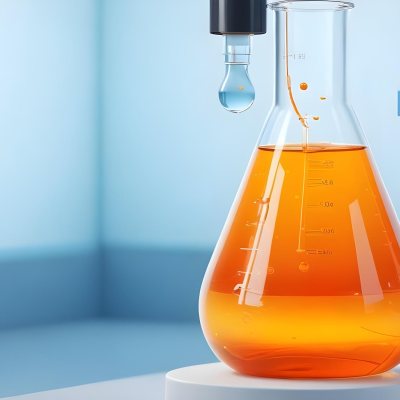 3d Model A Transparent Erlenmeyer Flask Filled With Orange Liquid A Pipette Dripping Into The Flask On A White Pedestal Light Blue Background Figure Octane Render Volumetric Highly Detailed Videogame Aesthetic 31 Fb2d