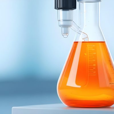 3d Model A Transparent Erlenmeyer Flask Filled With Orange Liquid A Pipette Dripping Into The Flask On A White Pedestal Light Blue Background Figure Octane Render Volumetric Highly Detailed Videogame Aesthetic 33 A509