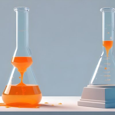 3d Model A Transparent Erlenmeyer Flask Filled With Orange Liquid A Pipette Dripping Into The Flask On A White Pedestal Light Blue Background Figure Octane Render Volumetric Highly Detailed Videogame Aesthetic 34 50e7