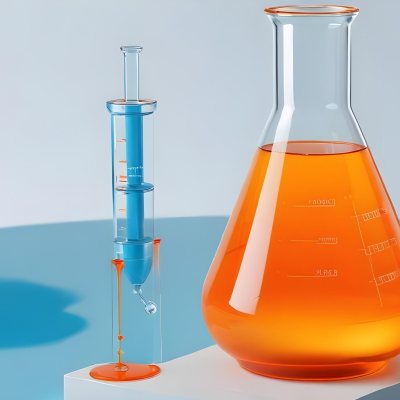 3d Model A Transparent Erlenmeyer Flask Filled With Orange Liquid A Pipette Dripping Into The Flask On A White Pedestal Light Blue Background Figure Octane Render Volumetric Highly Detailed Videogame Aesthetic 7 9034