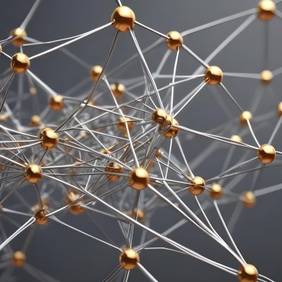 3d Model Abstract Network Of Interconnected Silver Lines With Golden Nodes Creating A Complex Web Like Structure Against A Blurred Gray Background Figure Octane Render Volumetric Highly Detailed Videogame Aestheti 2 165e