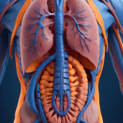 3d Model Human Anatomy With Lungs Intestines And Kidneys Highlighted In Orange Set Against A Blue Background Showcasing The Internal Structure Of The Body Figure Octane Render Volumetric Highly Detailed Videoga 11 749d
