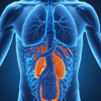 3d Model Human Anatomy With Lungs Intestines And Kidneys Highlighted In Orange Set Against A Blue Background Showcasing The Internal Structure Of The Body Figure Octane Render Volumetric Highly Detailed Videoga 14 88df