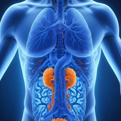 3d Model Human Anatomy With Lungs Intestines And Kidneys Highlighted In Orange Set Against A Blue Background Showcasing The Internal Structure Of The Body Figure Octane Render Volumetric Highly Detailed Videoga 17 5470