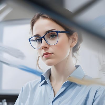 A Caucasian Woman 25 Years Old Brown Hair Wearing Safety Glasses And A Blue Shirt In A Laboratory 1 A4b3