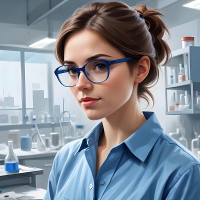 A Caucasian Woman 25 Years Old Brown Hair Wearing Safety Glasses And A Blue Shirt In A Laboratory 10 Cbcc