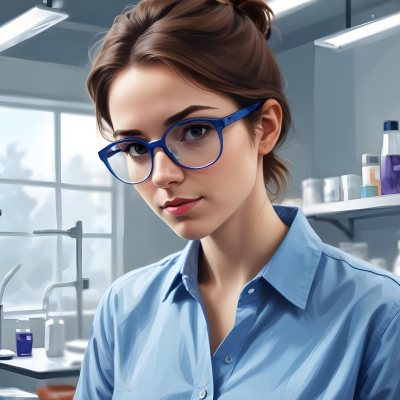 A Caucasian Woman 25 Years Old Brown Hair Wearing Safety Glasses And A Blue Shirt In A Laboratory 11 908d
