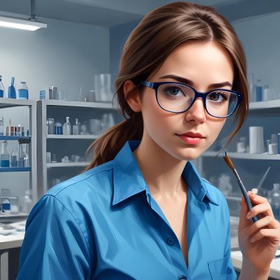 A Caucasian Woman 25 Years Old Brown Hair Wearing Safety Glasses And A Blue Shirt In A Laboratory 12 A98d