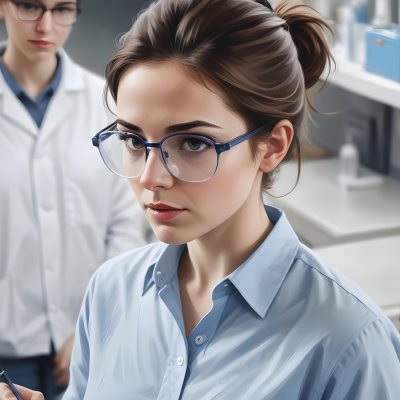 A Caucasian Woman 25 Years Old Brown Hair Wearing Safety Glasses And A Blue Shirt In A Laboratory 13 Dc04