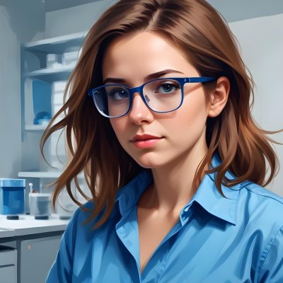 A Caucasian Woman 25 Years Old Brown Hair Wearing Safety Glasses And A Blue Shirt In A Laboratory 15 B865