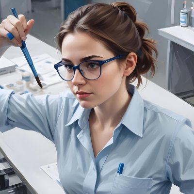A Caucasian Woman 25 Years Old Brown Hair Wearing Safety Glasses And A Blue Shirt In A Laboratory 2 90a7