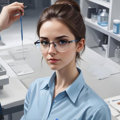 A Caucasian Woman 25 Years Old Brown Hair Wearing Safety Glasses And A Blue Shirt In A Laboratory 5 1a4a