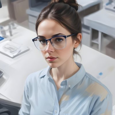 A Caucasian Woman 25 Years Old Brown Hair Wearing Safety Glasses And A Blue Shirt In A Laboratory 6 91ee