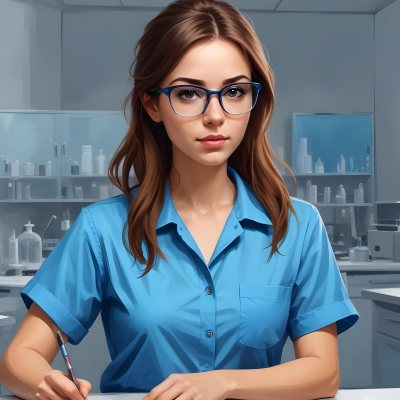A Caucasian Woman 25 Years Old Brown Hair Wearing Safety Glasses And A Blue Shirt In A Laboratory 7 8f3e