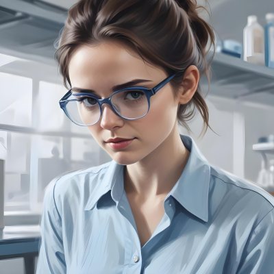 A Caucasian Woman 25 Years Old Brown Hair Wearing Safety Glasses And A Blue Shirt In A Laboratory 9 239a