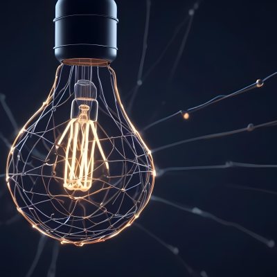 A Light Bulb With A Glowing Filament Surrounded By A Network Of Interconnected Lines And Dots On A Dark Blue Background 5 5c95