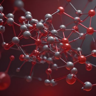 A Molecular Structure With Red And Gray Spheres Connected By Rods Floating In A Red And Dark Background 2 01c3