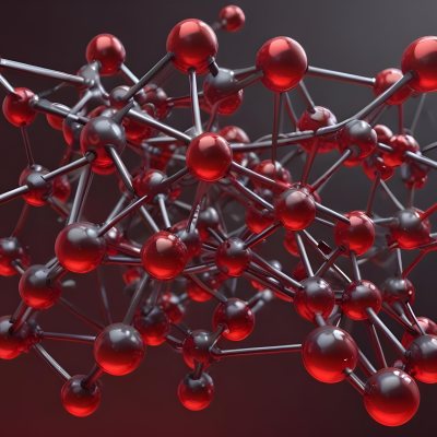 A Molecular Structure With Red And Gray Spheres Connected By Rods Floating In A Red And Dark Background 20 3c71