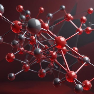 A Molecular Structure With Red And Gray Spheres Connected By Rods Floating In A Red And Dark Background 22 9184