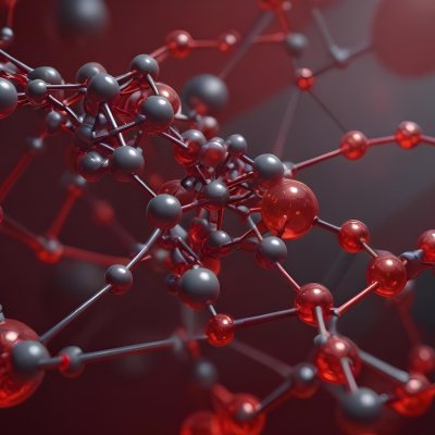 A Molecular Structure With Red And Gray Spheres Connected By Rods Floating In A Red And Dark Background 27 3059