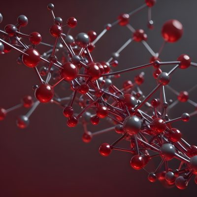 A Molecular Structure With Red And Gray Spheres Connected By Rods Floating In A Red And Dark Background 31 77a4