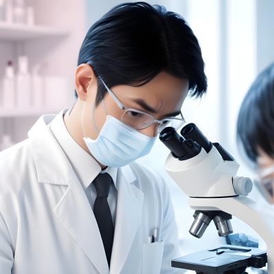An Asian Man 35 Years Old With Black Hair Wearing A Lab Coat Safety Glasses And A Mask Looking Through A Microscope In A Laboratory 2 150d