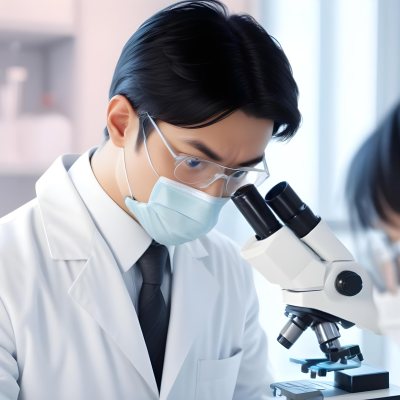 An Asian Man 35 Years Old With Black Hair Wearing A Lab Coat Safety Glasses And A Mask Looking Through A Microscope In A Laboratory 3 3574