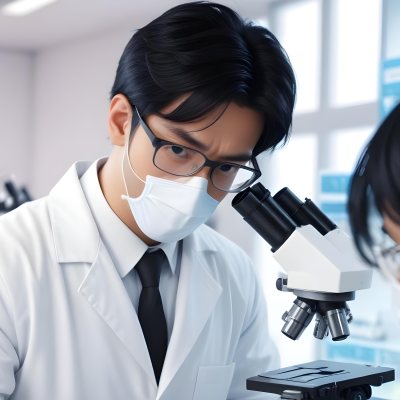 An Asian Man 35 Years Old With Black Hair Wearing A Lab Coat Safety Glasses And A Mask Looking Through A Microscope In A Laboratory 4 90a8
