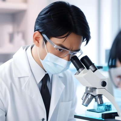 An Asian Man 35 Years Old With Black Hair Wearing A Lab Coat Safety Glasses And A Mask Looking Through A Microscope In A Laboratory 5 6e7d