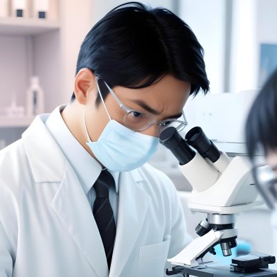An Asian Man 35 Years Old With Black Hair Wearing A Lab Coat Safety Glasses And A Mask Looking Through A Microscope In A Laboratory 6 A7c3