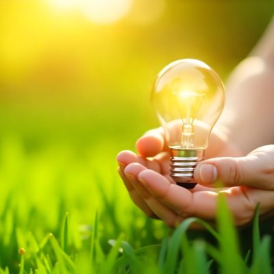 Child S Hands Holding A Light Bulb Lush Green