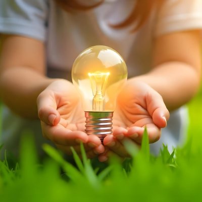 Child S Hands Holding A Light Bulb Lush Green Grass With Bokeh Effect Bright Sunlight Concept Of Environmental Conservation And Sustainable Energy 21 E849