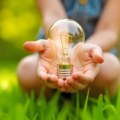 Child S Hands Holding A Light Bulb Lush Green Grass With Bokeh Effect Bright Sunlight Concept Of Environmental Conservation And Sustainable Energy 30 F4ce