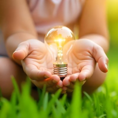 Child S Hands Holding A Light Bulb Lush Green Grass With Bokeh Effect Bright Sunlight Concept Of Environmental Conservation And Sustainable Energy 4 35ac